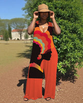 Retro Portrait Print V-Neck Hooded Sleeveless Jumpsuit