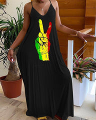Artistic Black Finger Print Suspender Long Skirt