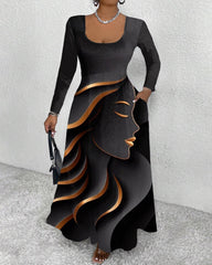 Gorgeous Black Woman Round Neck Long Sleeve Maxi Dress