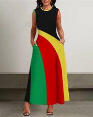 Round Neck Reggae Stripe Pockets Casual Dress