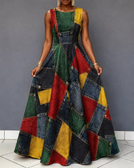 Reggae Denim Patchwork Print Sleeveless Maxi Dress