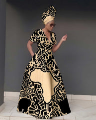 V Neck Striped Africa Map Print Short Sleeve Maxi Dress