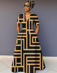 V Neck Irregular Stripes Prints Short Sleeve Maxi Dress