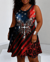 Flag Rose Cross Butterfly Rhinestone Print Round Neck Sleeveless Mini Casual Dress