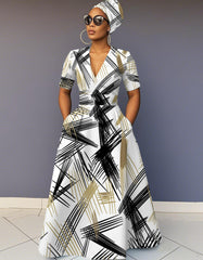 V-Neck Color-blocked Stripe Art Pocket Short-Sleeved Maxi Dress