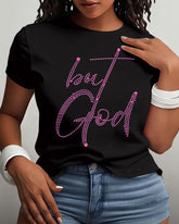 But God Rhinestone Printing Cotton Short Sleeve Tshirt