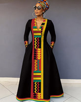 V-Neck African Geometric Reggae Stripes Color Pocket Long-Sleeved Maxi Dress