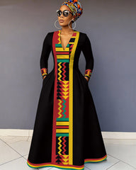 V-Neck African Geometric Reggae Stripes Color Pocket Long-Sleeved Maxi Dress