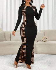 Striped Patchwork Round Neck Long Sleeve Bodycon Dress