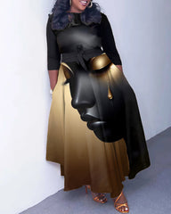Golden Tears Girl Art Long Sleeve Pockets Maxi Dress