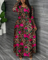 Leopard Rose Print Round Neck Long Sleeve Maxi Dress