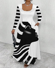 Black and White Striped Face Art Long Sleeve Maxi Dress