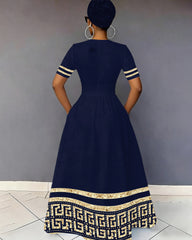 V-Neck Gold Geometric Stripe Patchwork Pocket Short-Sleeved Maxi Dress