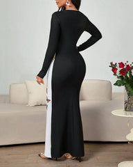 Butterfly Sparkling Black And White Patchwork Round Neck Long Sleeve Bodycon Dress