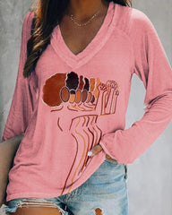 Contrasting color black painted print V-neck long-sleeved top