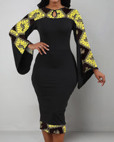 Trendy Ankara Flared Sleeve Bodycon Midi Dress