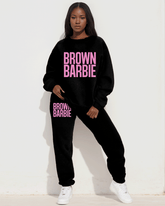 Colorblock Brown Barbie Print Long Sleeve Sweatshirt Two Pieces Set