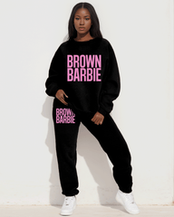 Colorblock Brown Barbie Print Long Sleeve Sweatshirt Two Pieces Set