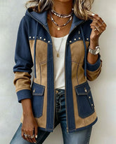 Chic Denim Patchwork Suede Hooded Jacket