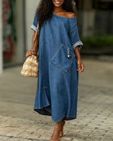Round Neck Mid-Sleeve Casual Denim Dress with Pockets