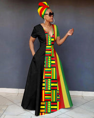 V Neck Reggae Print Short Sleeve Pocket Maxi Dress