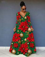 V Neck Christmas Big Red Flowers Long Sleeves Maxi Dress