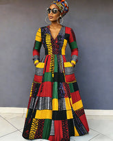 V-Neck Reggae Color Blocking Geometric Texture Pocket Long-Sleeved Maxi Dress