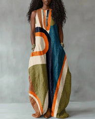 Fashionable Retro Striped Print Casual Sleeveless Round Neck Maxi Dress