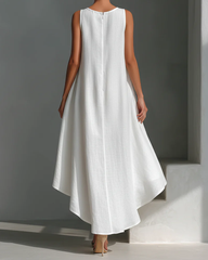 White Cotton Linen Round Neck Sleeveless Flared A-Line Maxi Dress
