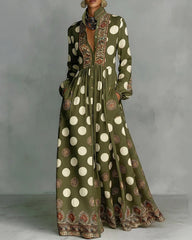 High Waisted Long Sleeves Big Hemline Buttoned Contrast Color Pleated Pockets Polka-Dot Stand Collar Maxi Dresses