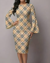 Classic Plaid Stripes Flared Sleeves Midi Bodycon Dresses