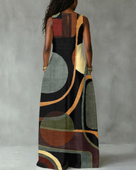 Abstract Geometric Polka Dot Stripes Print Sleeveless Maxi Dress