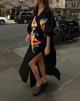 Face Art Graffiti Hem Slit Shirt Collar Long Sleeve Maxi Dress