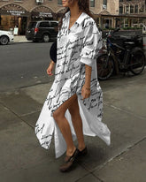 Simple Letter Print Hem Slit Shirt Collar Long Sleeve Maxi Dress