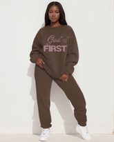 Colorblock God First Print Long Sleeve Sweatshirt Two Pieces Set