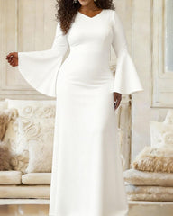 Women'S Elegant Bell-Sleeve Solid White Fitted Dress