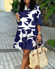 Stand Collar Floral Random Print Mini Shirt Dress