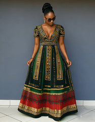 V Neck Gold Geometric Stripes Color Blocking Short Sleeve Pocket Maxi Dress
