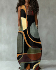 Abstract Geometric Polka Dot Stripes Print Sleeveless Maxi Dress