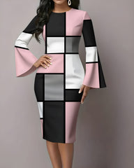 Contrast Color Geometric Plaid Flared Sleeves Midi Bodycon Dresses