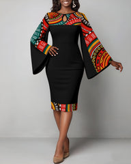 Ethnic Tribal Print Flared Sleeve Bodycon Midi Dress