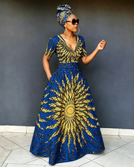 V-Neck Ankara Sun Texture Print Short-Sleeved Maxi Dress