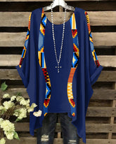 Ankara Corrugated Splicing Print Round Neck Irregular Shirt