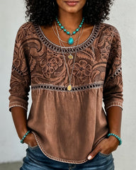 Brown Bohemian Flowers Print Casual 3/4 Sleeves Hollow Denim Shirt