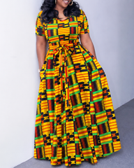 Classic Ankara African Totem V-Neck Tie-Strap Pocket Flared Maxi Dress