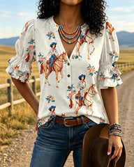 Cowgirl Cartoon Print V-neck Puff Sleeve Ruffle Shirt