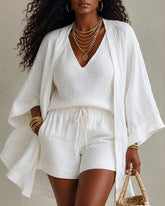 Womens Co Ord 3Pcs Outfit Woven Linen Blend Open Front Kimono Sleeveless Top Elastic Short Pants