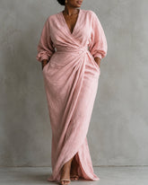 Linen Blend Loose V-neck Pleated Waist Casual Pocket Maxi Dress