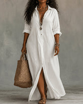 Lapel V-neck Button Down Casual Long Dress