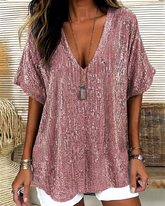 V-Neck Sequin Casual Loose Fit Pullover Short Sleeve T-Shirt